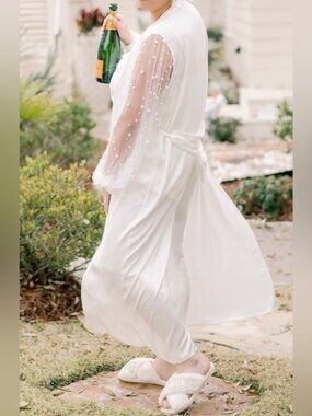 White Bridal Sheer Puff Sleeve Robe with Belt
